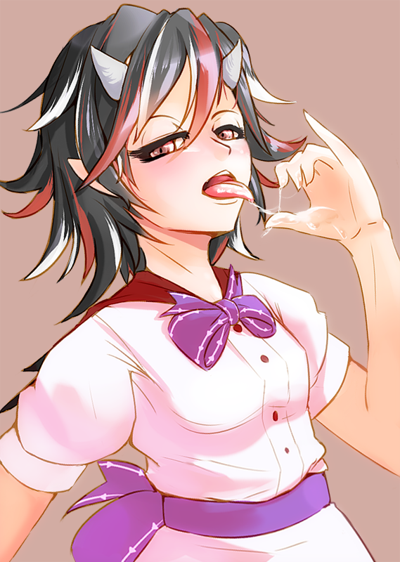 1girl black_hair bow dress hand_to_own_mouth kijin_seija looking_at_viewer multicolored_hair nama_shirasu open_mouth pointy_ears pose puffy_short_sleeves puffy_sleeves red_eyes saliva saliva_trail sash sexually_suggestive short_sleeves solo streaked_hair tongue tongue_out touhou
