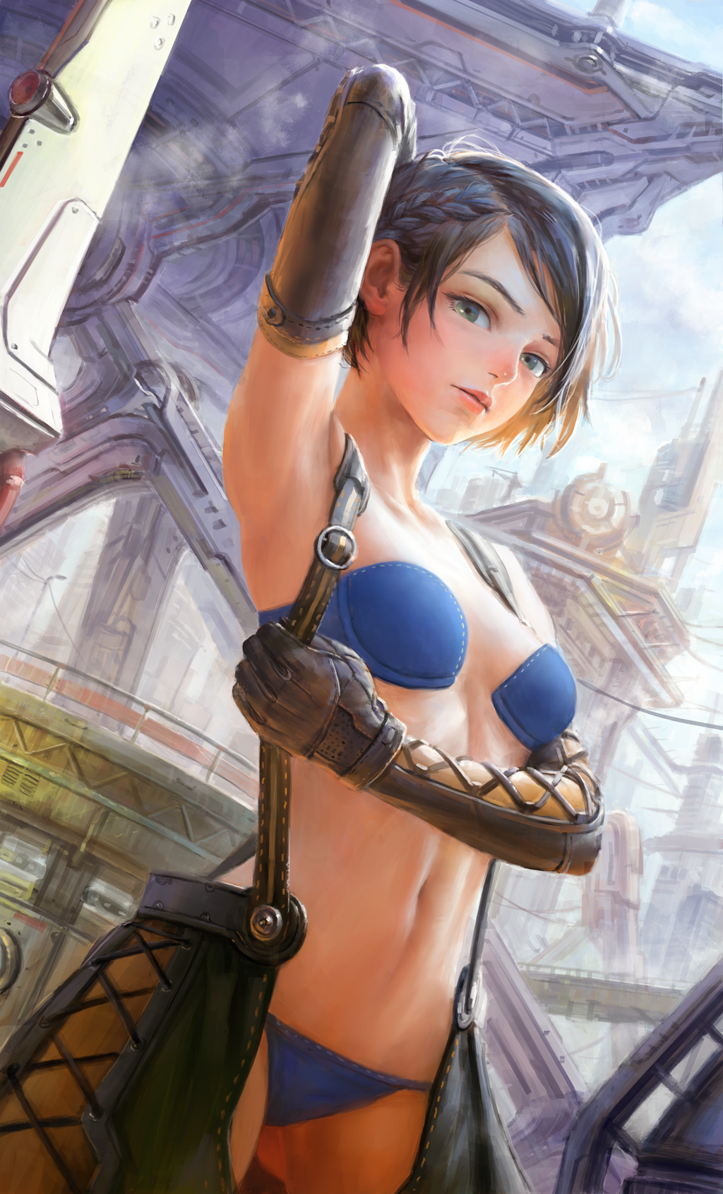 1girl arm_up armor armpits bikini bikini_armor black_hair blue_bikini braid brown_eyes clouds eyebrows french_braid gloves highres lips looking_at_viewer nababa navel original raid short_hair sky solo standing swimsuit