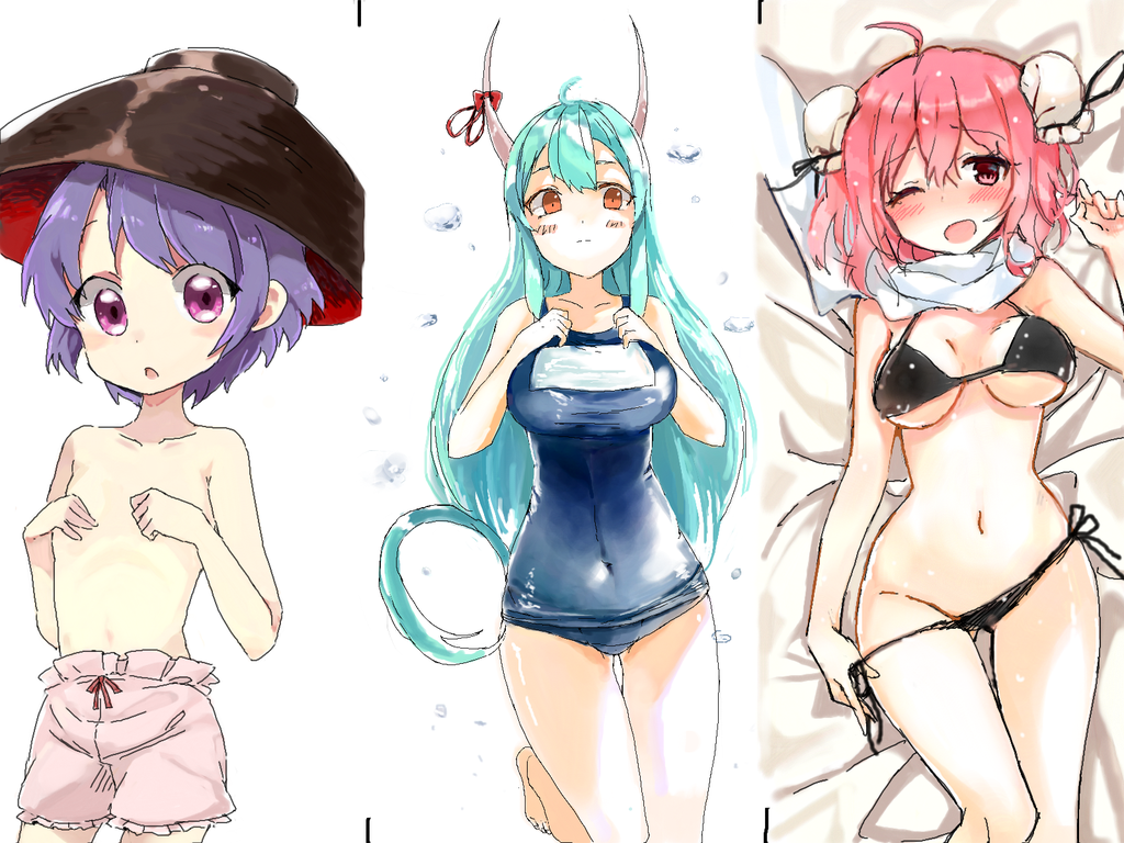 3girls alternate_eye_color barefoot bloomers blush bowl bra bubble bun_cover collaboration covering covering_breasts double_bun ex-keine green_hair hair_bun horn_ribbon horns ibaraki_kasen kamishirasawa_keine long_hair looking_at_viewer lying midriff multiple_girls navel object_on_head on_back on_bed one-piece_swimsuit one_eye_closed open_mouth orange_eyes panties pink_eyes pink_hair pokan_(xz1128) purple_hair ribbon school_swimsuit shinoba short_hair six_(fnrptal1010) sukuna_shinmyoumaru swimsuit tail touhou underwear underwear_only
