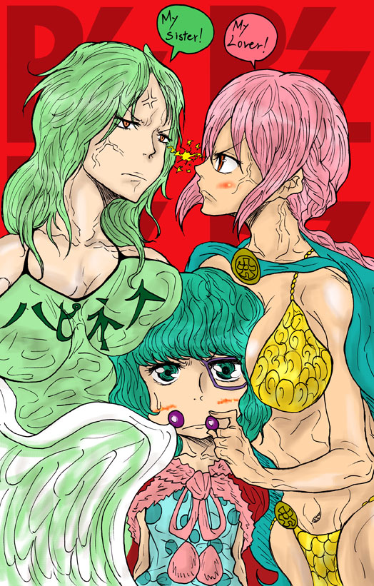 3girls anger_vein angry aqua_hair between_breasts breasts clothes_writing donquixote_family dress feathered_wings food fruit glaring grapes green_hair harpy head_between_breasts long_hair monet_(one_piece) monocle monster_girl multi-tied_hair multiple_girls one_piece pink_hair polka_dot polka_dot_dress rebecca_(one_piece) short_hair siblings sisters sugar_(one_piece) tagme wings