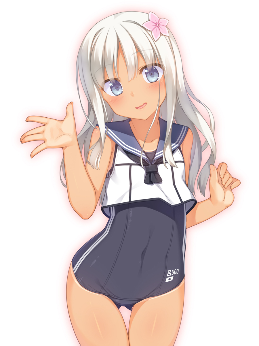1girl blue_eyes blush highres kantai_collection long_hair looking_at_viewer one-piece_swimsuit open_mouth racer_(magnet) ro-500_(kantai_collection) sailor_collar silver_hair simple_background sleeveless solo swimsuit swimsuit_under_clothes thigh_gap waving