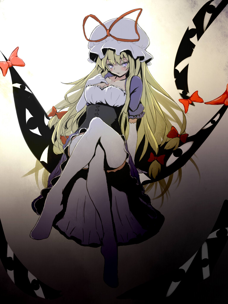 1girl adapted_costume backlighting blush bow breasts cleavage corset crossed_legs dark dress eyes gap gradient gradient_background hair_bow hand_on_own_chest hat hat_ribbon legs light long_hair mob_cap no_shoes purple_dress ribbon smile solo thigh-highs thighs touhou very_long_hair violet_eyes watchi white_legwear yakumo_yukari