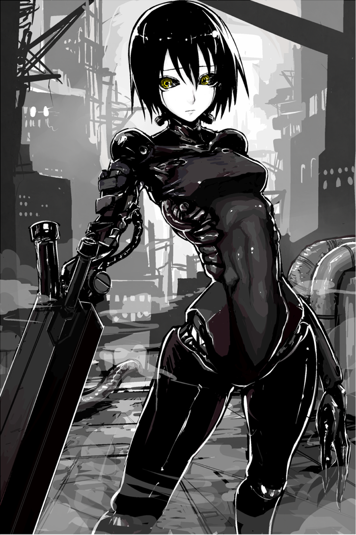 1girl arm_cannon blame! city cyberpunk cyborg fushoku partially_colored pipe sanakan science_fiction short_hair solo weapon yellow_eyes