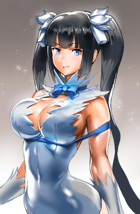 1girl bangs black_hair blue_eyes bow breasts cleavage cleavage_cutout covered_navel dress dungeon_ni_deai_wo_motomeru_no_wa_machigatteiru_darou_ka hair_ribbon hestia_(danmachi) large_breasts long_hair looking_at_viewer oetarou rei_no_himo ribbon sideboob sleeveless sleeveless_dress solo twintails very_long_hair white_dress