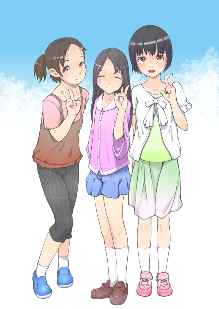 3girls black_hair brown_eyes brown_hair closed_eyes j7w long_hair multiple_girls original red_eyes short_hair v