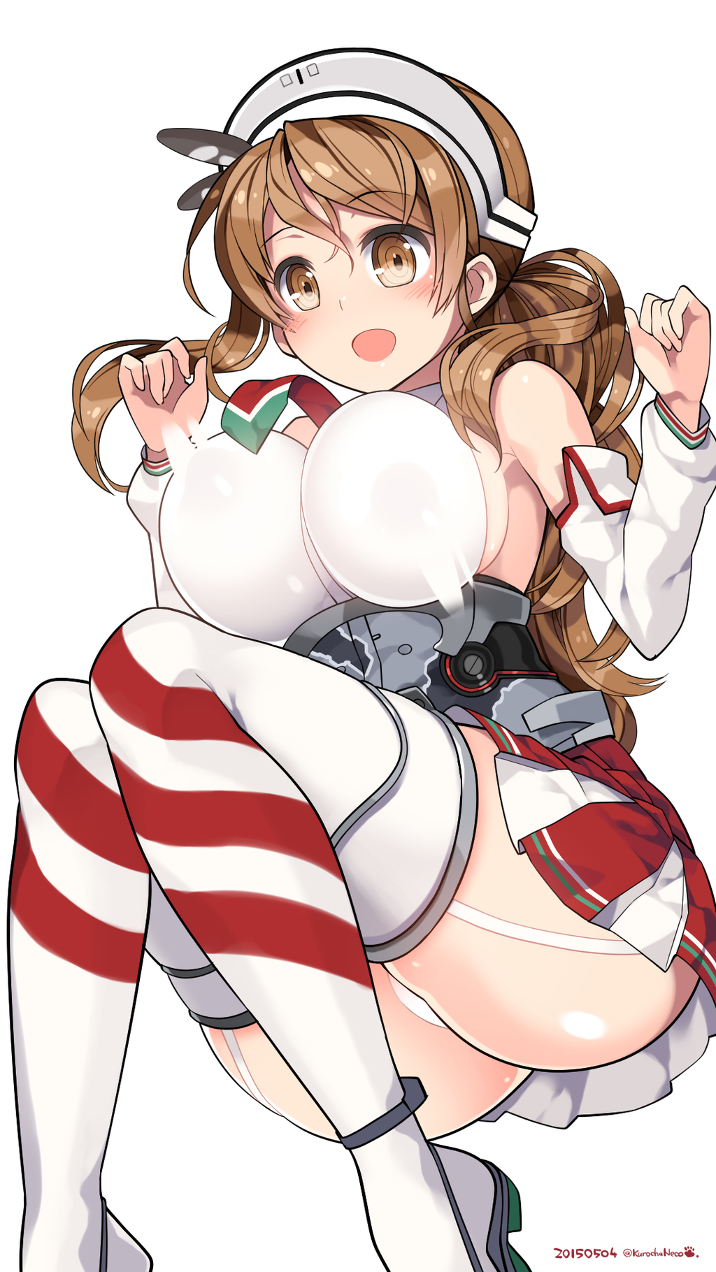 1girl 2015 bare_shoulders blush bouncing_breasts breasts brown_eyes brown_hair corset dated detached_sleeves highres kantai_collection knees_together_feet_apart kuro_chairo_no_neko large_breasts littorio_(kantai_collection) long_hair long_sleeves maid_headdress miniskirt necktie open_mouth panties pantyshot paw_print ponytail simple_background skirt solo striped striped_legwear thigh-highs twitter_username underwear white_background white_panties