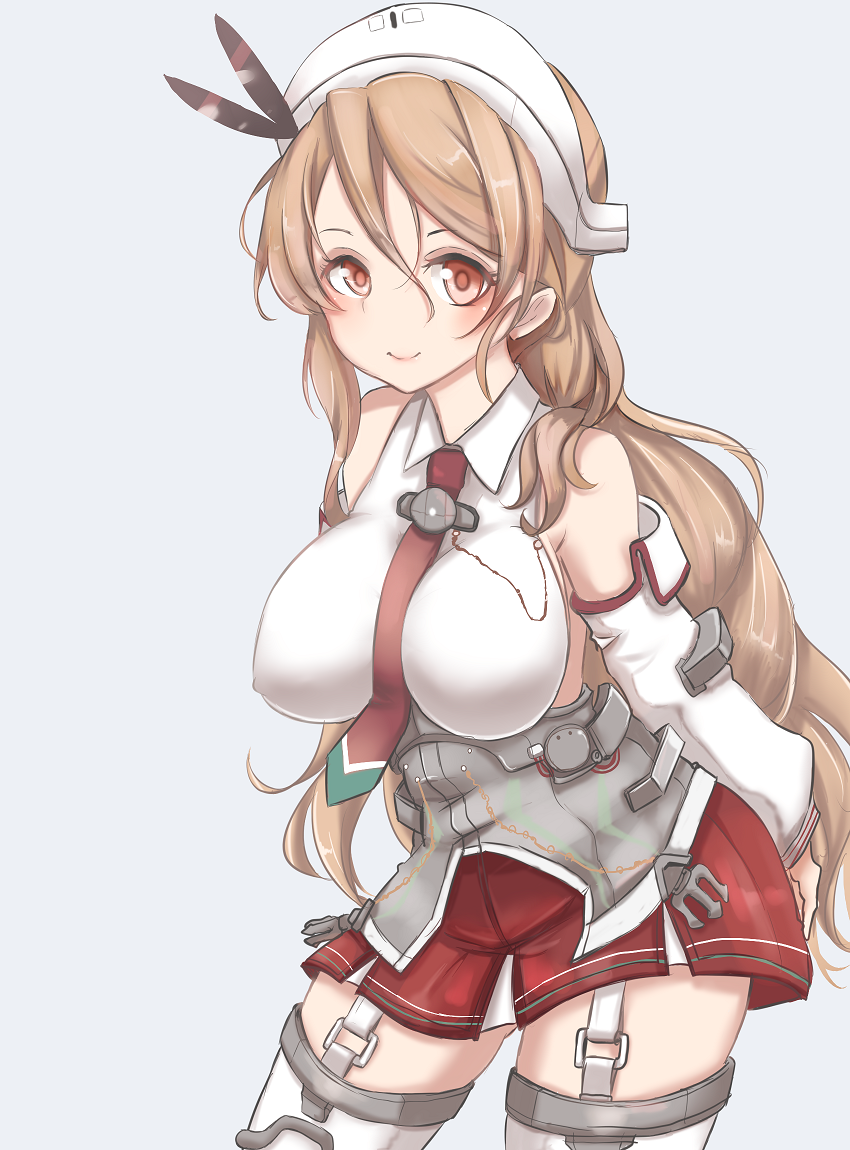 1girl bare_shoulders breasts brown_eyes brown_hair detached_sleeves hat kantai_collection large_breasts littorio_(kantai_collection) long_hair necktie skirt smile solo tokoi