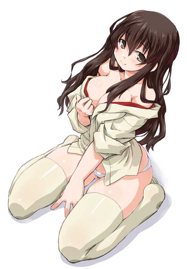 1girl akagi_(kantai_collection) bare_shoulders between_legs blush breasts brown_eyes brown_hair cleavage collarbone dd_(ijigendd) from_above japanese_clothes kantai_collection long_hair off_shoulder panties partially_undressed simple_background sitting smile solo thigh-highs underwear wariza white_background white_legwear white_panties