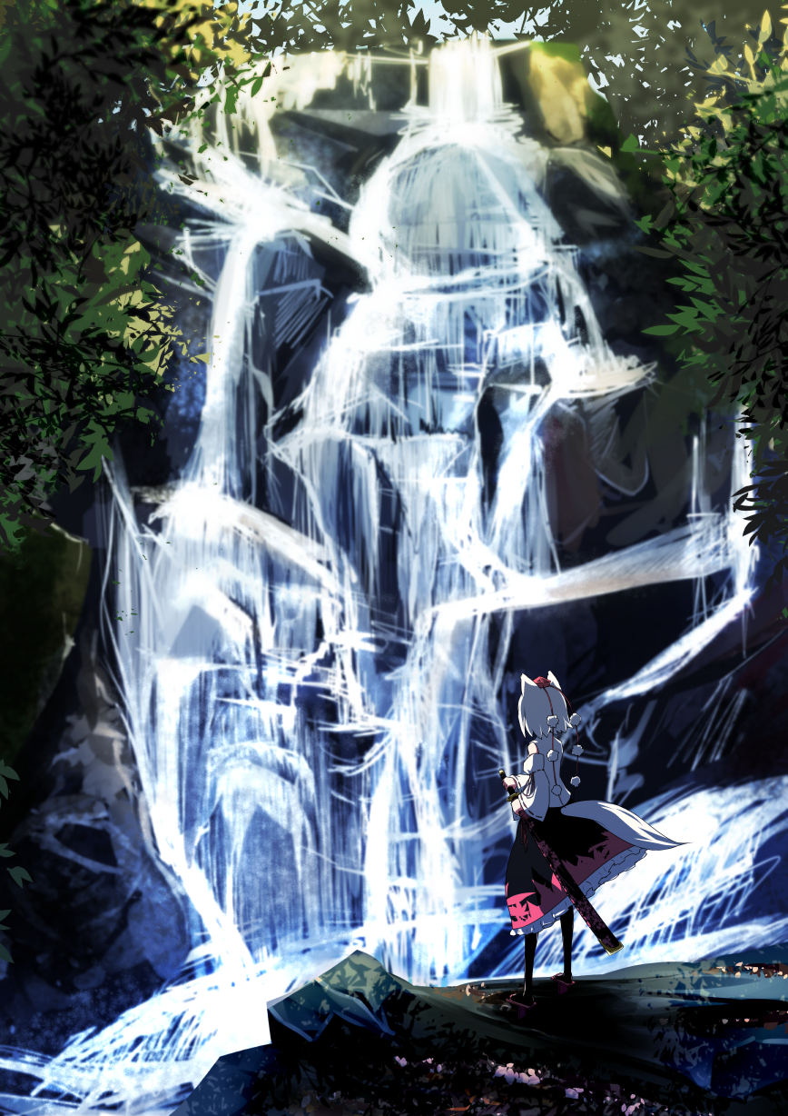 1girl animal_ears detached_sleeves forest hand_on_hilt hat hat_ribbon highres inubashiri_momiji katana long_sleeves mankun nature pom_pom_(clothes) ribbon shirt silver_hair skirt solo sword tail tokin_hat touhou water waterfall weapon wide_sleeves wolf_ears wolf_tail