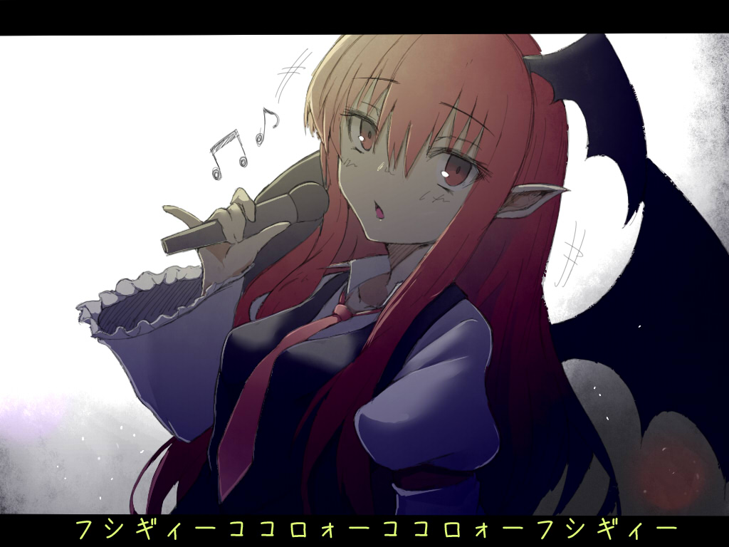 1girl armband backlighting bangs bat_wings black_background breasts frilled_sleeves frills gradient gradient_background koakuma letterboxed long_hair long_sleeves looking_at_viewer looking_to_the_side microphone musical_note necktie pointy_ears puffy_long_sleeves puffy_sleeves red_eyes redhead singing solo touhou translation_request vest watchi white_background wings