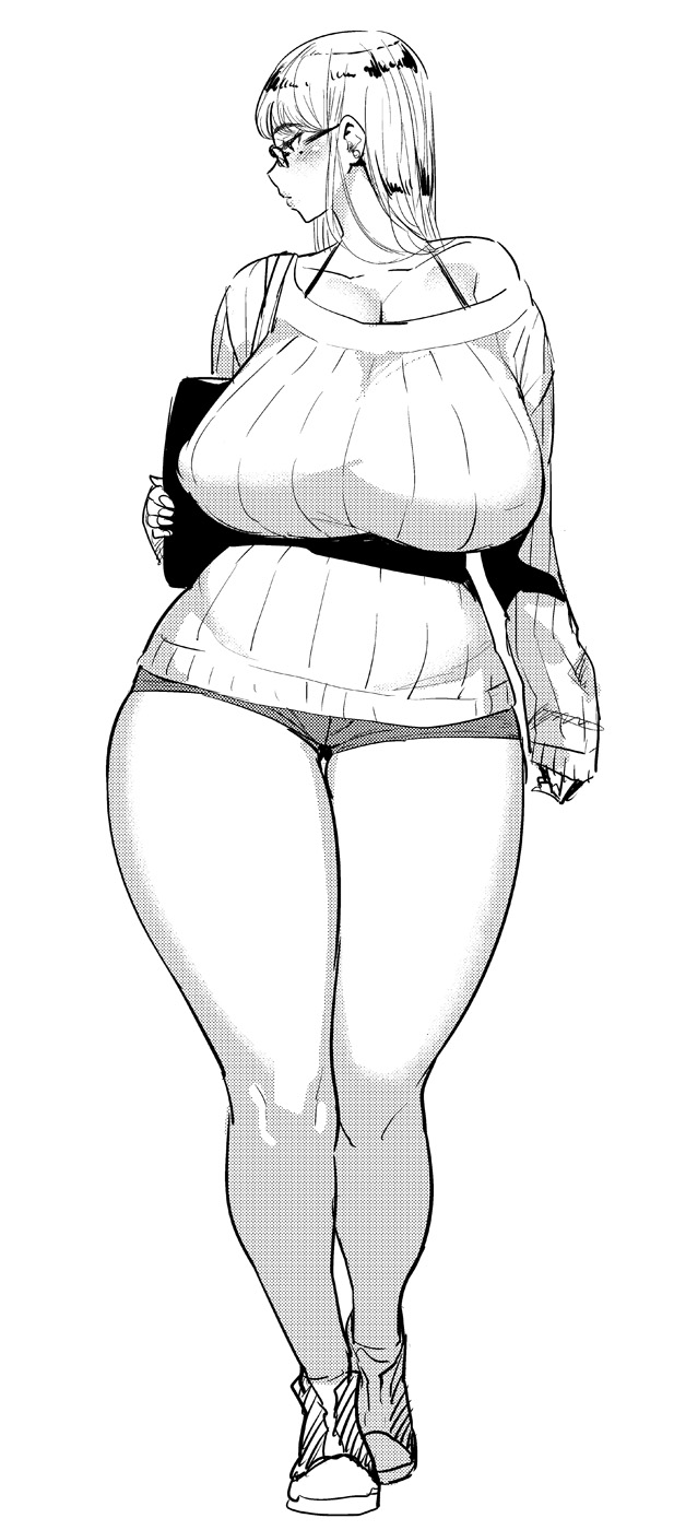 1girl breasts curvy glasses highres huge_breasts long_hair mole monochrome ribbed_sweater short_shorts shorts solo sweater synecdoche thick_thighs thighs