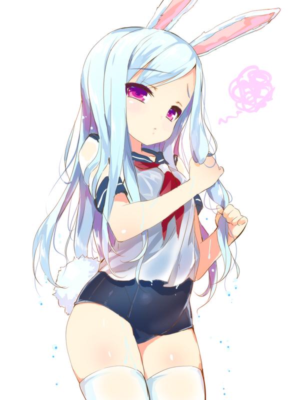 1girl animal_ears bangs blue_hair bunny_tail cowboy_shot emily_(pure_dream) flat_chest leaning_forward long_hair one-piece_swimsuit payot rabbit_ears sailor_collar school_swimsuit see-through shirt simple_background solo swept_bangs swimsuit swimsuit_under_clothes tail thigh-highs violet_eyes wet wet_clothes wet_shirt white_background white_legwear wringing_hair