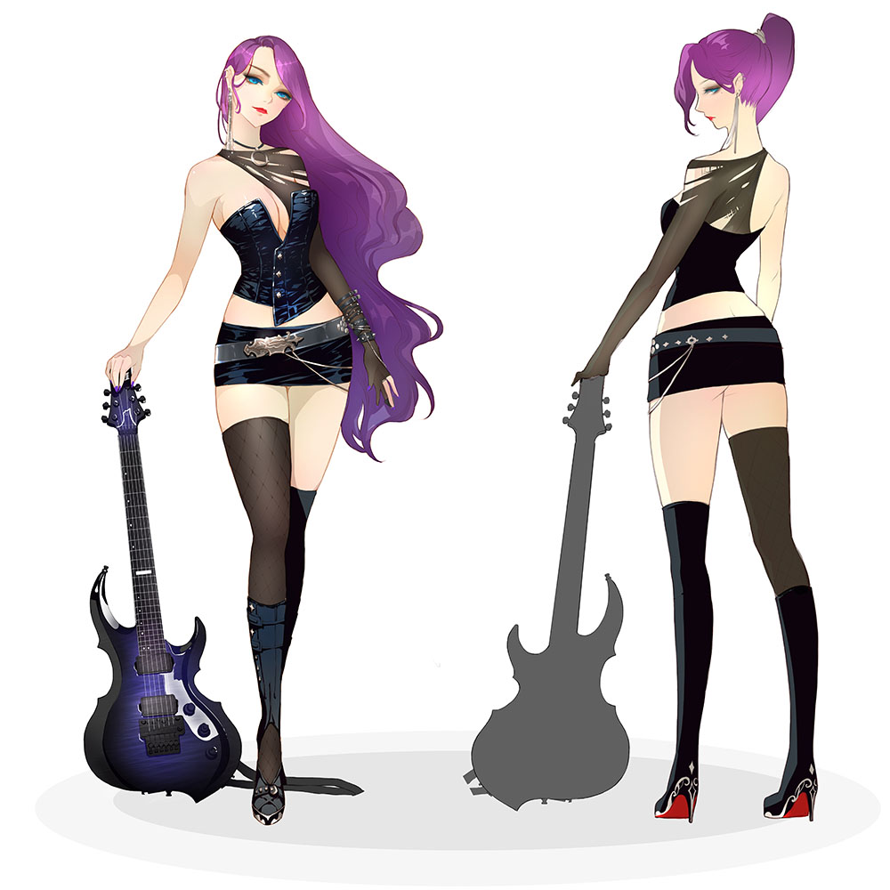 1girl ass bare_shoulders blue_eyes boots breasts cleavage guitar high_heel_boots high_heels instrument lips lipstick long_hair makeup mascara mismatched_legwear mole mole_under_eye original orry ponytail purple_hair solo thigh-highs
