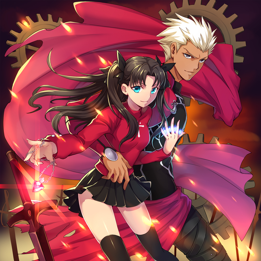 1boy 1girl archer between_fingers blue_eyes brown_hair da-cart dark_skin fate/stay_night fate_(series) gears gem jewelry necklace skindentation thigh-highs toosaka_rin two_side_up unlimited_blade_works white_hair