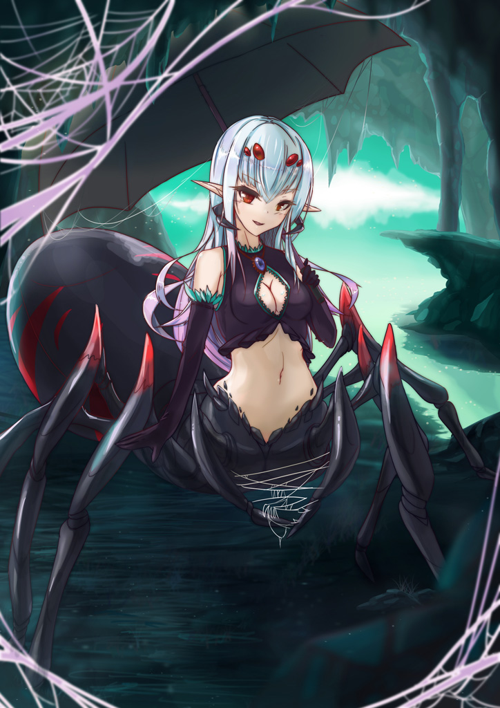 1girl black_gloves breasts cave cleavage cleavage_cutout elbow_gloves gloves gradient_hair insect_girl light_smile long_hair monster_girl multicolored_hair navel original pink_hair pointy_ears red_eyes rocknroll silk silver_hair solo spider_girl spider_web umbrella