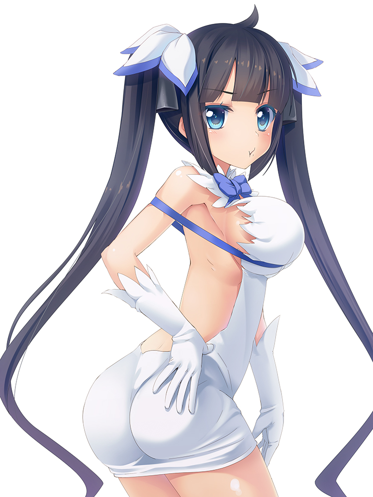 1girl arm_ribbon black_hair blue_eyes blush breasts dress dungeon_ni_deai_wo_motomeru_no_wa_machigatteiru_darou_ka gloves hair_ornament hair_ribbon hestia_(danmachi) large_breasts long_hair looking_at_viewer pout rei_no_himo ribbon simple_background solo twintails wapokichi white_background white_dress white_gloves