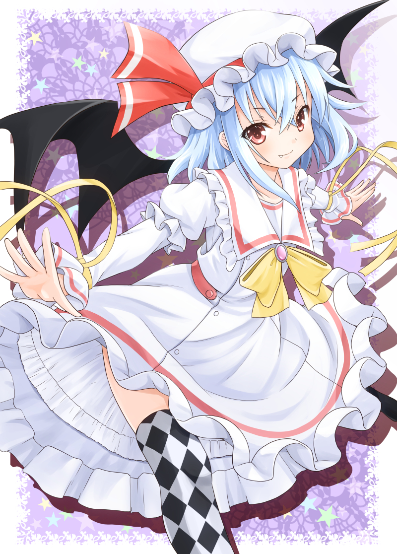 1girl argyle argyle_legwear bat_wings blue_hair brooch dress fang fang_out fujishima_shinnosuke hat hat_ribbon jewelry juliet_sleeves lavender_background layered_sleeves long_sleeves looking_at_viewer mob_cap outstretched_arms patterned_background puffy_sleeves red_eyes remilia_scarlet ribbon shadow short_hair smile solo spread_arms thigh-highs touhou white_dress wings wrist_ribbon