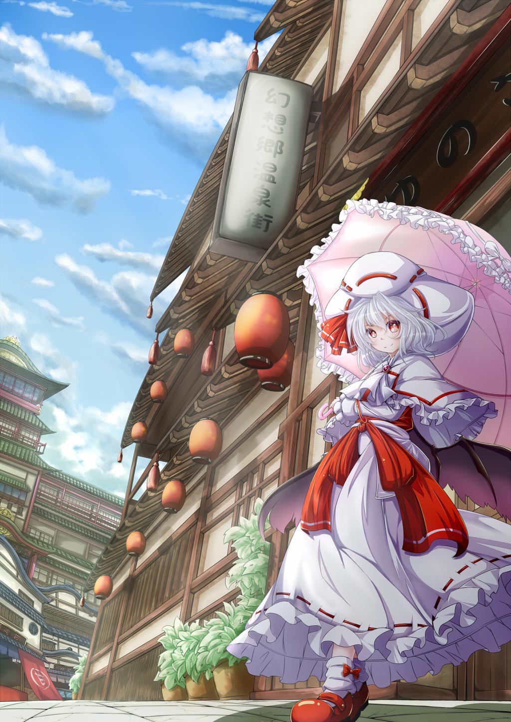 1girl architecture aya-on_(miria00) bat_wings blue_sky capelet clouds curiosities_of_lotus_asia dress east_asian_architecture frilled_dress frills hat highres lantern paper_lantern parasol plant potted_plant remilia_scarlet short_hair silver_hair sky smile solo touhou translation_request umbrella wings