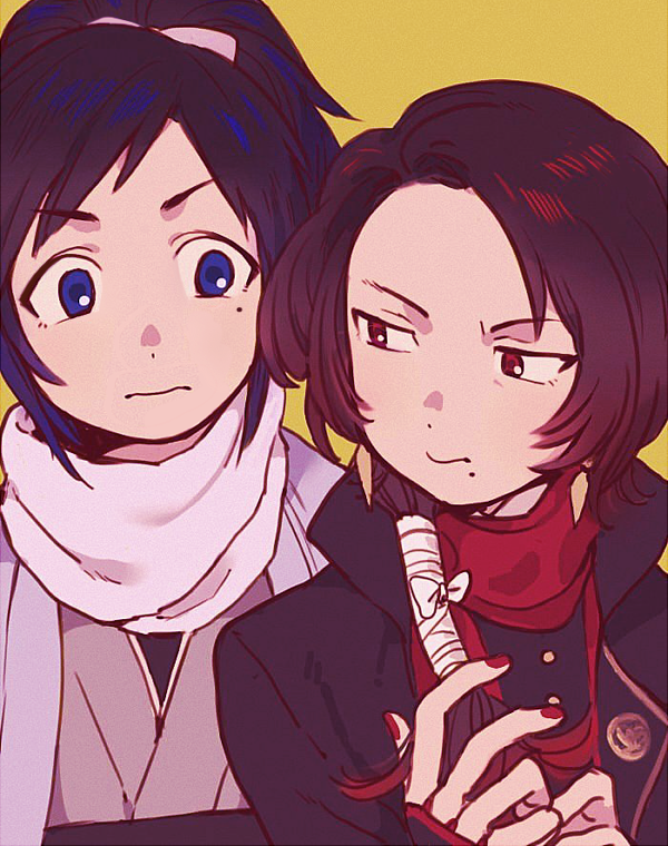 2boys black_hair blue_eyes brown_hair bu_(artist) kashuu_kiyomitsu male_focus mole mole_under_eye mole_under_mouth multiple_boys nail_polish ponytail red_eyes scarf touken_ranbu upper_body yamato-no-kami_yasusada