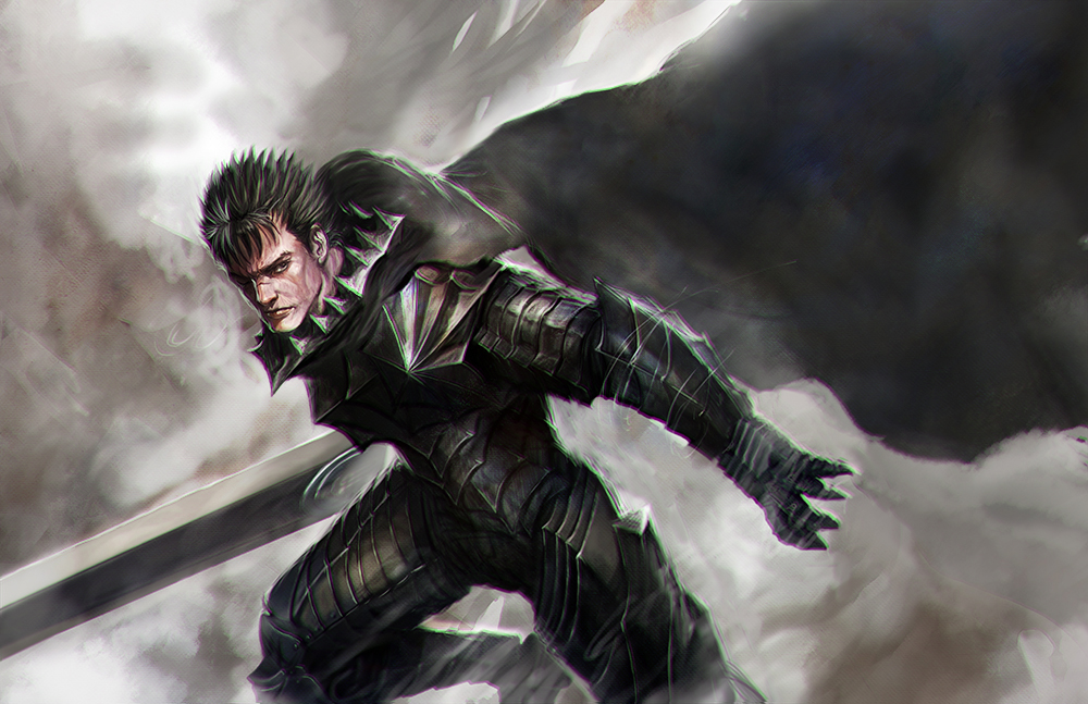 armor berserk berserker_armor black_hair cape guts huge_weapon longai pointy_hair sword weapon