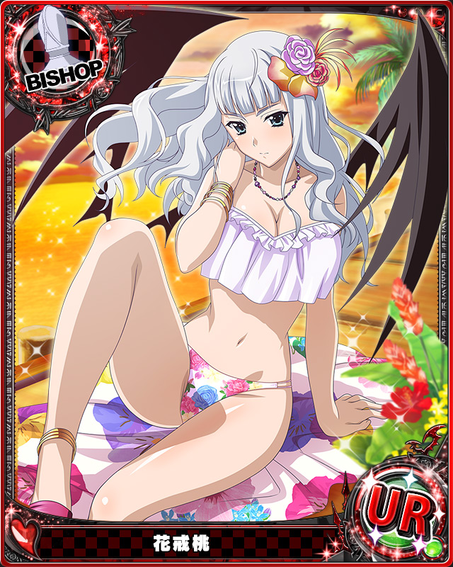 1girl artist_request bishop_(chess) blue_background bracelet card_(medium) character_name chess_piece demon_wings flower grey_eyes grey_hair hair_flower hair_ornament hanakai_momo high_school_dxd jewelry long_hair necklace official_art silver_hair swimsuit trading_cards wavy_hair wings