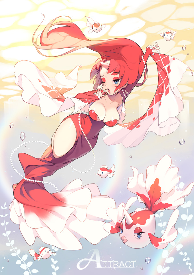 1000marie 1girl arm_up blue_eyes breasts earrings english fish goldeen jewelry large_breasts long_hair nail_polish one_eye_closed open_mouth pokemon pokemon_(creature) red_nails redhead solo underwater