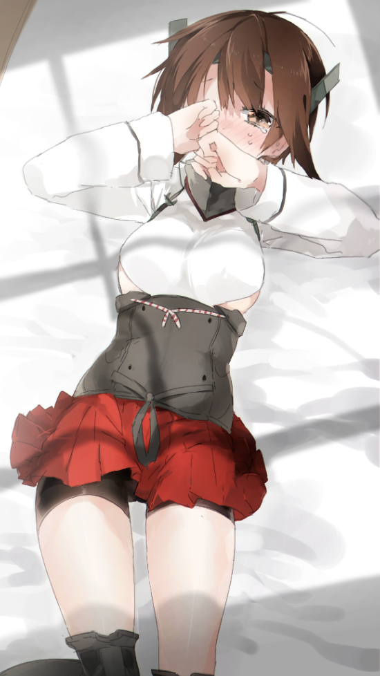 1girl bike_shorts blush brown_hair covering_mouth covering_one_eye kantai_collection lying shade short_hair shorts_under_skirt slaughter_z solo taihou_(kantai_collection) tears