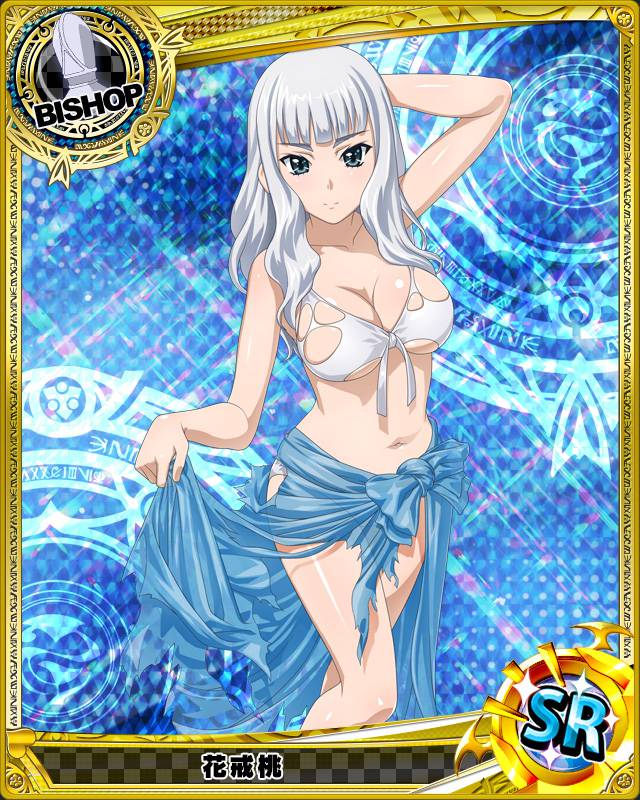 1girl artist_request bishop_(chess) blue_background breasts card_(medium) character_name chess_piece grey_eyes grey_hair hanakai_momo high_school_dxd large_breasts long_hair official_art silver_hair swimsuit torn_clothes torn_swimsuit trading_cards wavy_hair