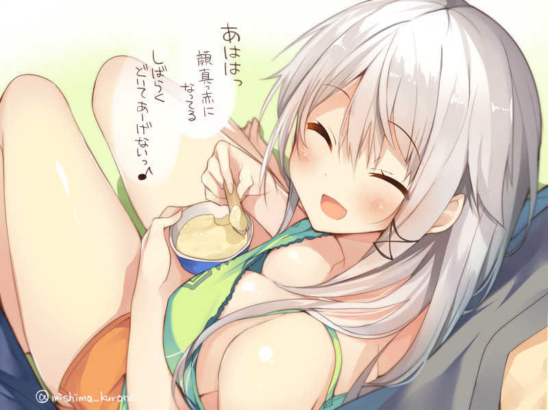1girl ^_^ anceril_sacred barefoot blush breasts camisole cleavage closed_eyes downblouse eating facing_viewer food from_above hair_ribbon holding ice_cream ice_cream_spoon long_hair mishima_kurone open_mouth original pov ribbon short_shorts shorts silver_hair sitting smile speech_bubble translated tress_ribbon twitter_username