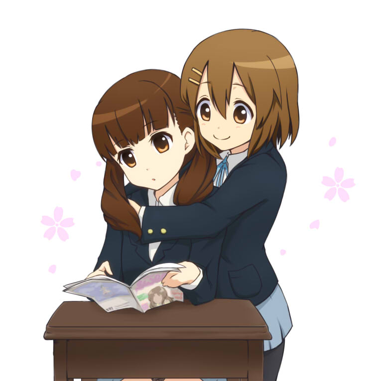 2girls brown_eyes brown_hair extra hidarikata hirasawa_yui hug hug_from_behind k-on! long_hair magazine multiple_girls pantyhose school_desk school_uniform short_hair smile twintails wakaouji_ichigo