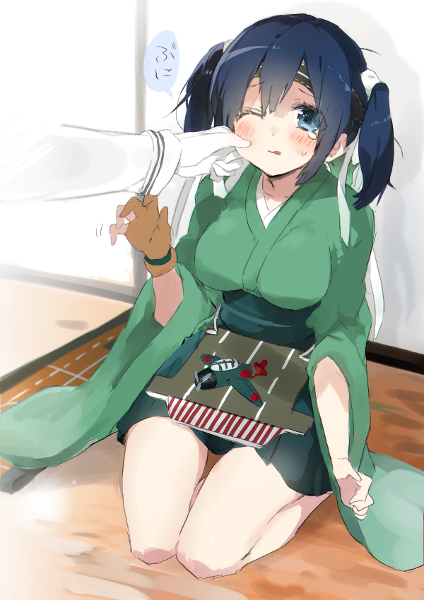 1girl airplane blue_eyes blue_hair breasts cheek_pinching japanese_clothes kantai_collection large_breasts one_eye_closed pinching revision seiza short_twintails sitting slaughter_z solo_focus souryuu_(kantai_collection) teardrop twintails twitter_username wince yugake