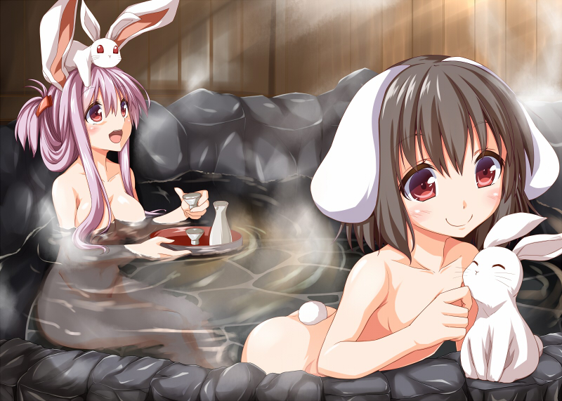 2girls animal_ears bathing bottle breasts bunny_on_head bunny_tail collarbone commentary_request hair_up inaba_tewi kue large_breasts long_sleeves multiple_girls nude onsen open_mouth pink_hair rabbit rabbit_ears reisen_udongein_inaba sake_bottle sitting smile tail touhou tray water
