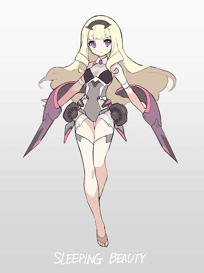 1girl adapted_costume aurora_(disney) bangs barefoot black_hairband breasts copyright_name disney eyebrows_visible_through_hair gradient gradient_background hairband leotard long_hair looking_at_viewer mecha_musume open_hands pagye sleeping_beauty small_breasts solo thigh_strap violet_eyes