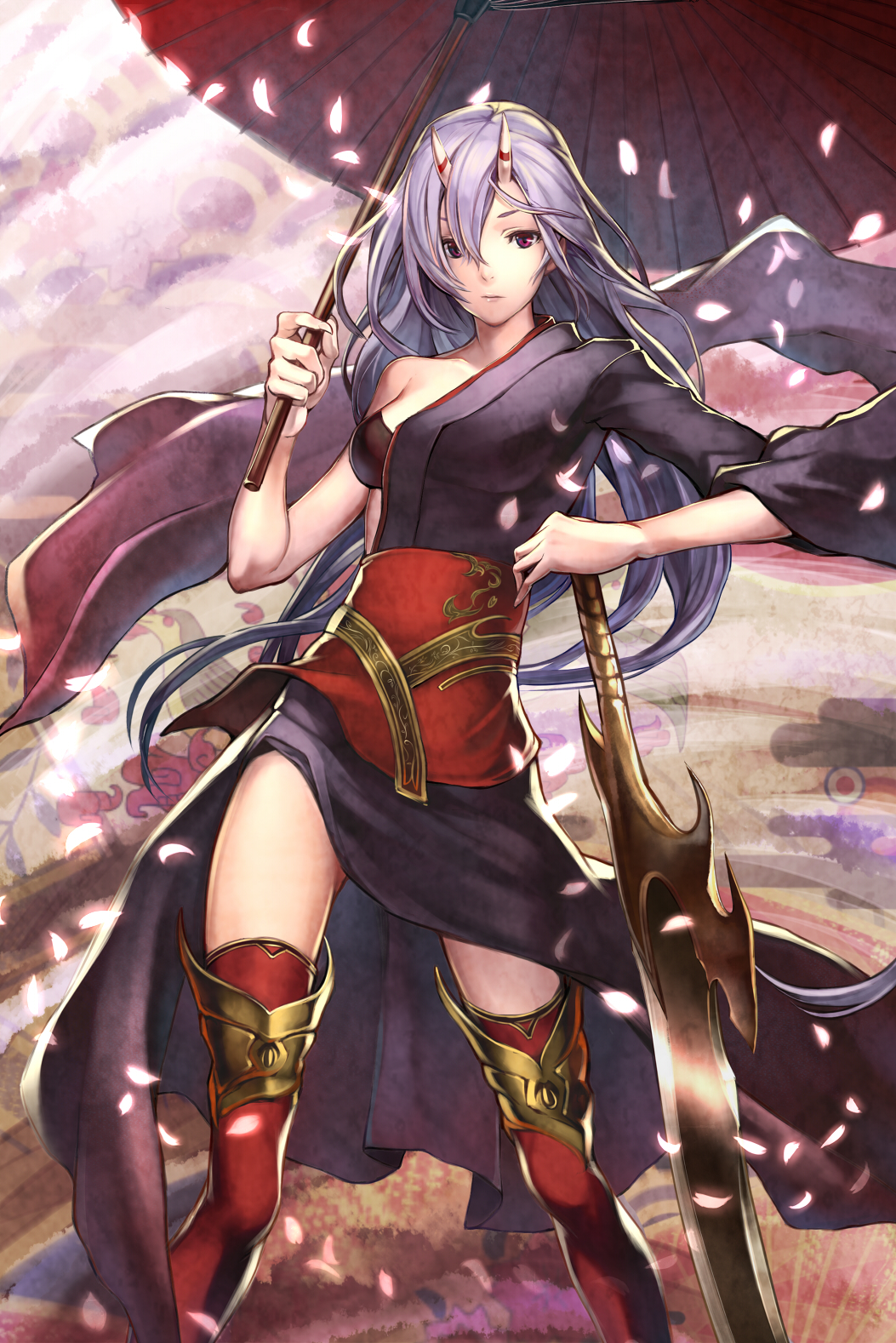 1girl blue_hair bra cherry_blossoms essual_(layer_world) fantasy highres horns japanese_clothes kimono long_hair looking_at_viewer off_shoulder original parasol petals red_legwear solo thigh-highs umbrella underwear violet_eyes weapon