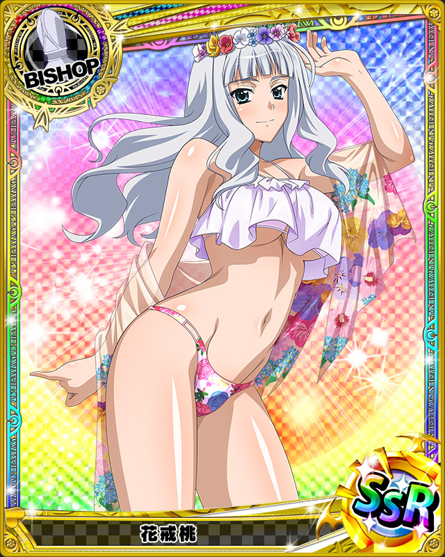 1girl artist_request bishop_(chess) card_(medium) character_name chess_piece grey_eyes grey_hair hanakai_momo high_school_dxd long_hair official_art silver_hair swimsuit trading_card wavy_hair