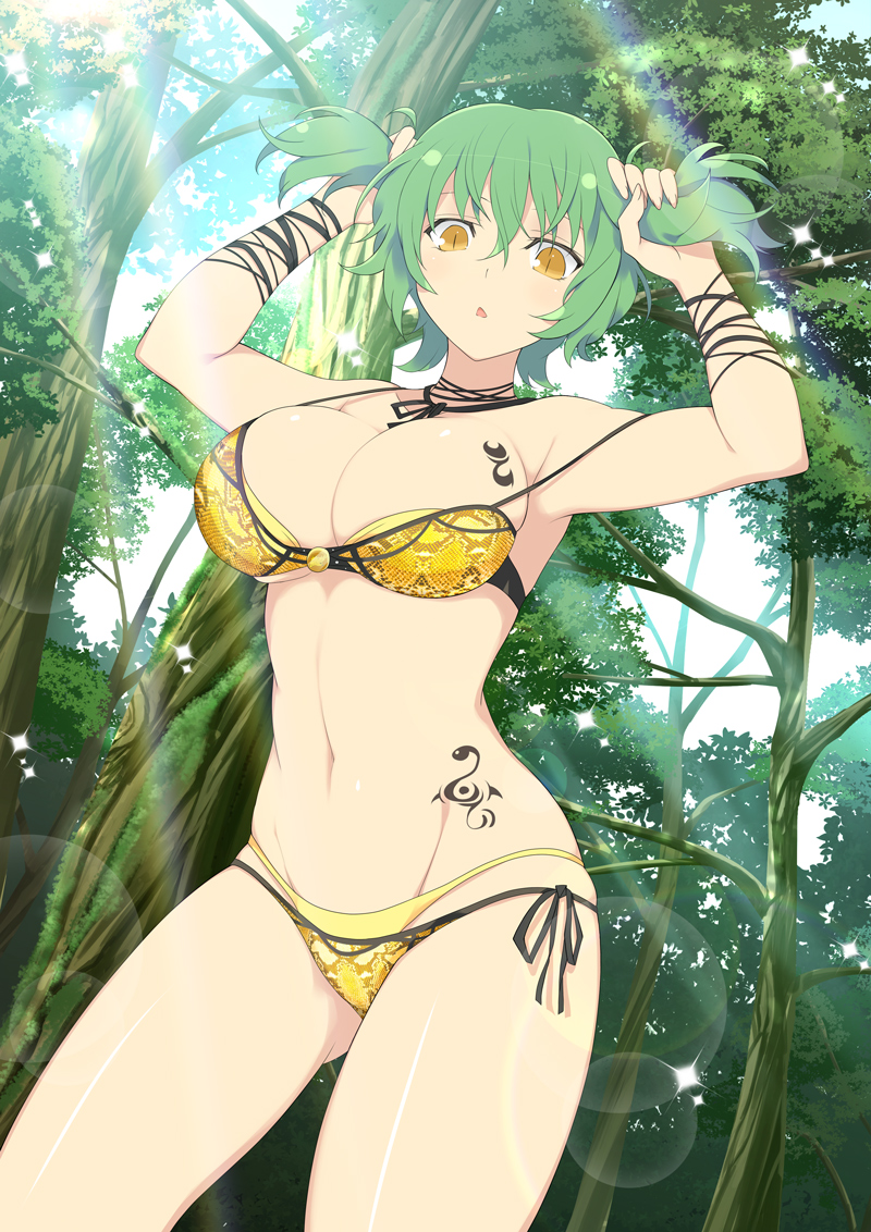 1girl :o armpits arms_up bikini breasts forest green_hair hair_pull hikage_(senran_kagura) large_breasts lens_flare light_rays looking_at_viewer midriff mound_of_venus nature navel official_art open_mouth senran_kagura senran_kagura_(series) short_hair short_twintails slit_pupils solo sunlight swimsuit tattoo tattooed_breast twintails yaegashi_nan yellow_bikini yellow_eyes
