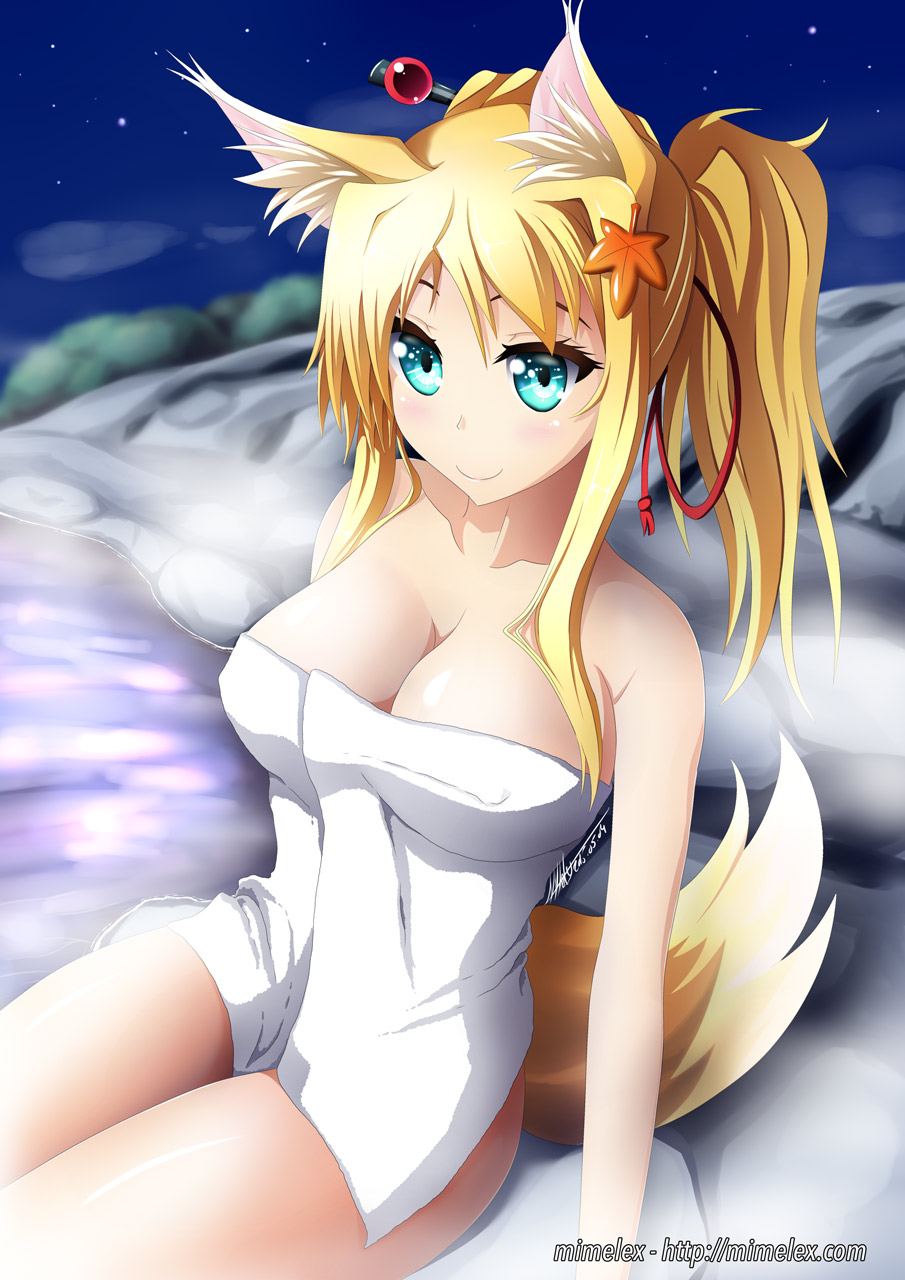 1girl animal_ears blonde_hair blue_eyes blush breasts cleavage collarbone dated dog_days fox_ears fox_tail hair_ornament highres large_breasts long_hair looking_at_viewer mimelex onsen ponytail signature sitting sky smile solo star star_(sky) tail yukikaze_panettone