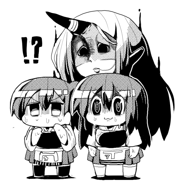 !? 3girls akagi_(kantai_collection) chibi hair_in_mouth horn kaga_(kantai_collection) kakuzatou_(koruneriusu) kantai_collection long_hair monochrome multiple_girls muneate ponytail seaport_water_oni simple_background sweat