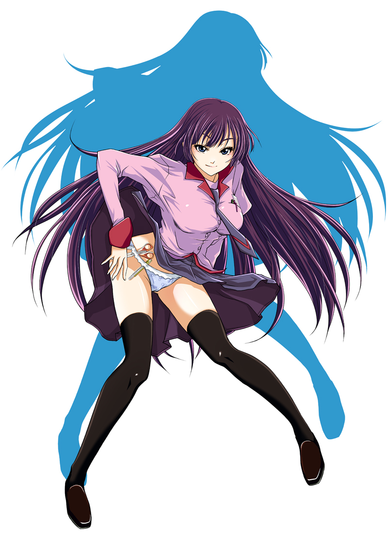 blue_eyes boxcutter legs long_hair monogatari_(series) nazo_no_kanojo_x necktie osuzu_akiomi panties parody purple_hair school_uniform scissors senjougahara_hitagi shoes skirt thigh-highs thighhighs underwear