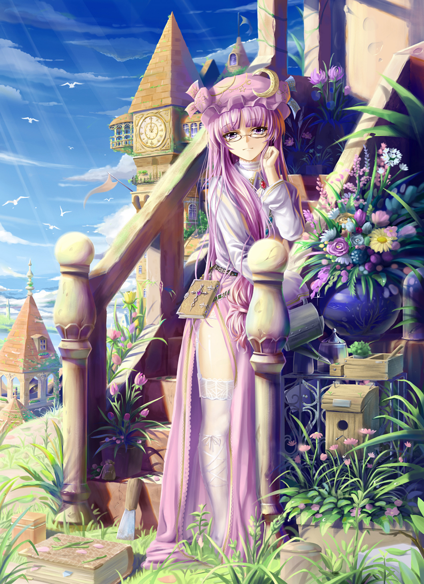 bespectacled bird book clock clock_tower cloud flag flower garden garter_belt glasses grass hat long_hair outdoors patchouli_knowledge purple_eyes purple_hair ribbon saber_01 shiny shiny_skin side_slit sky solo stairs sunbeam sunlight thigh-highs thighhighs touhou tower very_long_hair violet_eyes
