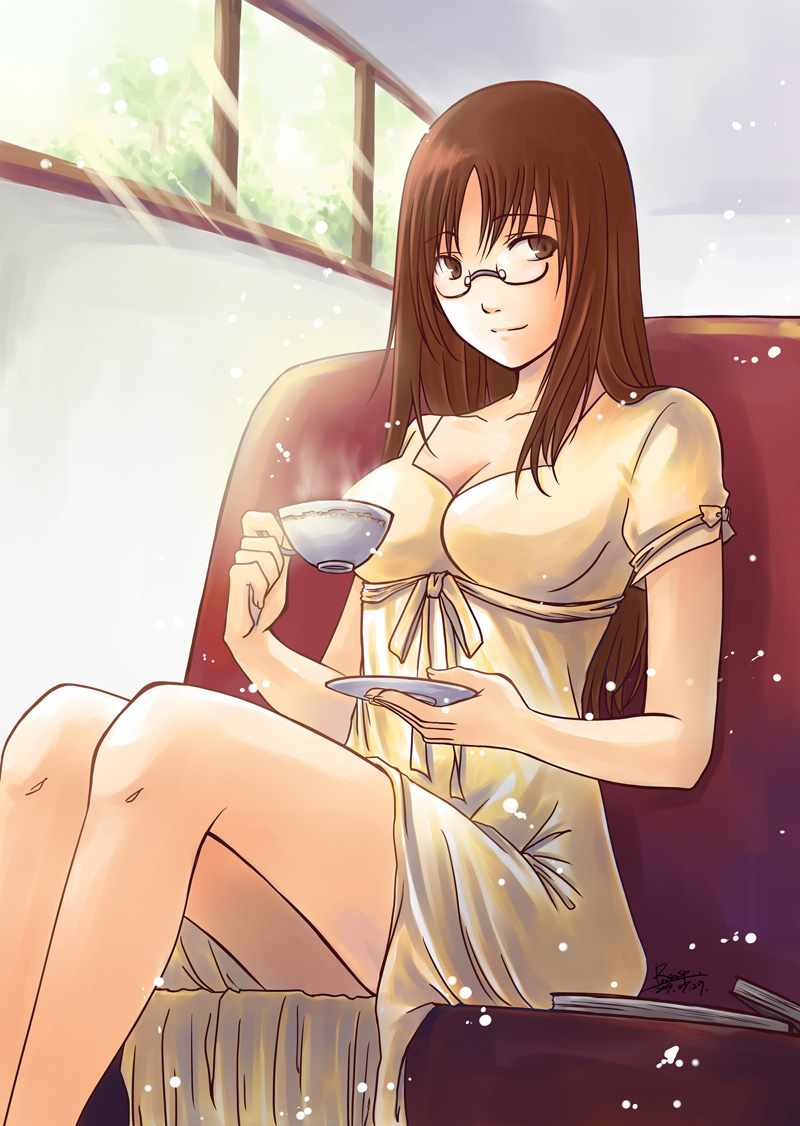 brown_eyes brown_hair couch cup dress glasses k-on! long_hair rainsp saucer sitting solo teacup yamanaka_sawako