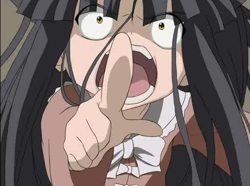 angry black_hair crazy higurashi_no_naku_koro_ni houraisan_kaguya long_hair open_mouth parody pointing ribbon solo touhou yellow_eyes