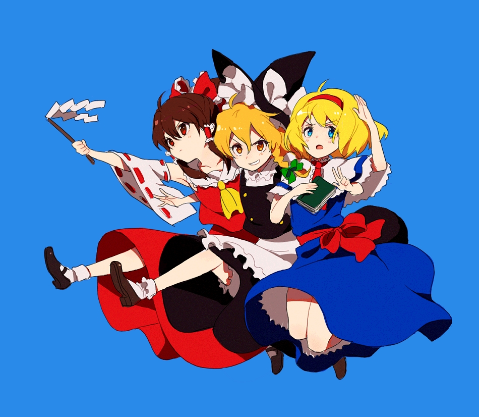 alice_margatroid blonde_hair blue_eyes bow braid brown_hair face gohei grin hakurei_reimu hat hirosuke japanese_clothes jumping kirisame_marisa miko multiple_girls pose ribbon serious short_hair smile touhou v witch_hat