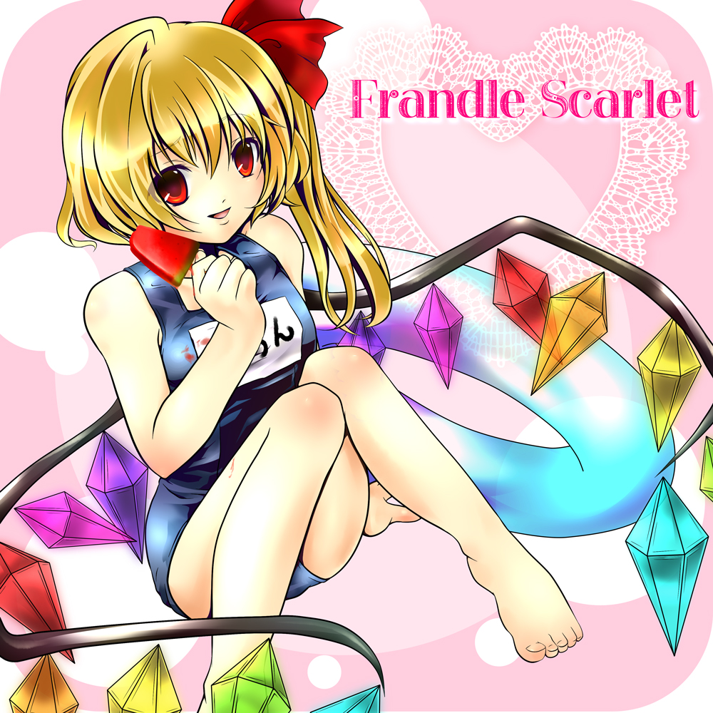 akina_(artist) barefoot blonde_hair character_name child feet flandre_scarlet one-piece_swimsuit ponytail popsicle red_eyes school_swimsuit short_hair side_ponytail suika_bar swimsuit touhou wings
