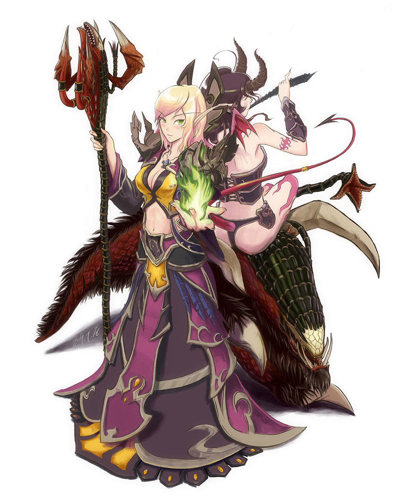 blood_elf blush breasts cleavage demon_girl demon_tail dress fel_hunter horns long_hair magic midriff monster_girl pointy_ears staff succubus tail warcraft warlock world_of_warcraft