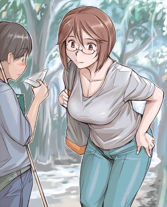 bag bespectacled breasts brown_eyes brown_hair casual cleavage forest glasses hand_on_hip handbag leaning_forward nature rozen_maiden rozenweapon short_hair smile solo souseiseki