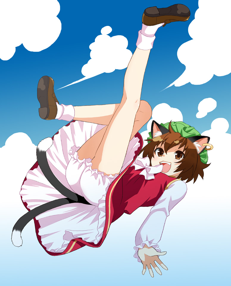 bad_id bloomers brown_eyes brown_hair cat_ears cat_tail chen cloud earrings hands hat jewelry legs mattaku_mosuke multiple_tails open_mouth short_hair sky slip_skirt tail touhou