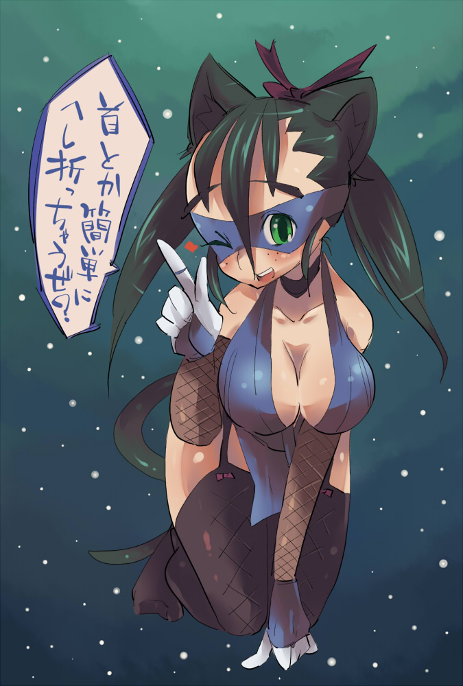 cleavage fishnets freckles garters gloves green_eyes mask ninja tail thigh-highs thighhighs translation_request twintails ushihashiru wink