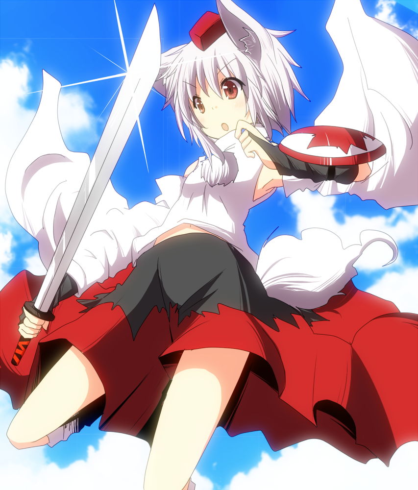 1girl animal_ears brown_eyes clouds detached_sleeves gloves hat inubashiri_momiji legs open_mouth orange_eyes red_eyes shield shining skirt sky solo suna_(sunaipu) sunaipu sword tail tokin_hat touhou weapon white_hair wide_sleeves wolf_ears wolf_tail