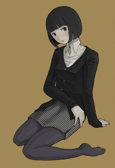 bangs black_eyes black_hair blunt_bangs blush bob_cut head_tilt kneeling metalinu original pantyhose short_hair sitting skirt wariza